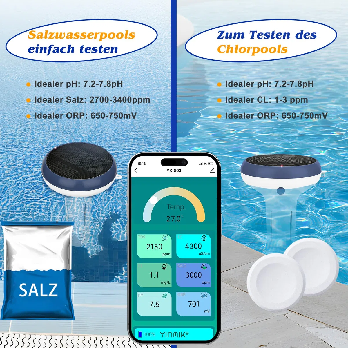 UIUZMAR Pool pH und Chlor Messgerät Intelligenter Poolmonitor, 7-in-1 pH Salz EC TDS Freies Chlor ORP und Thermometer für Schwimmbad, Schwimmender Solarbetriebener Chlormonitor für Whirlpool