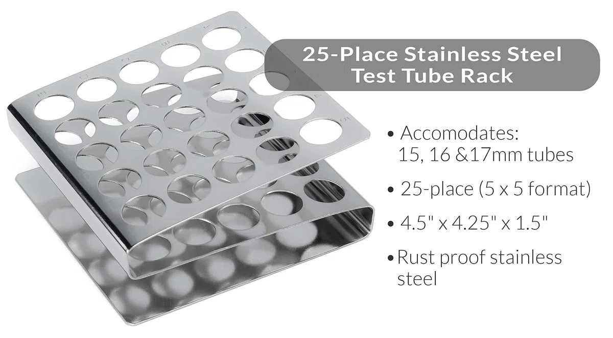 Globe Scientific Stainless Steel "Z" Shape Tube Rack, 457200, Holds 16mm and 17mm Tubes, 25-Place, Each