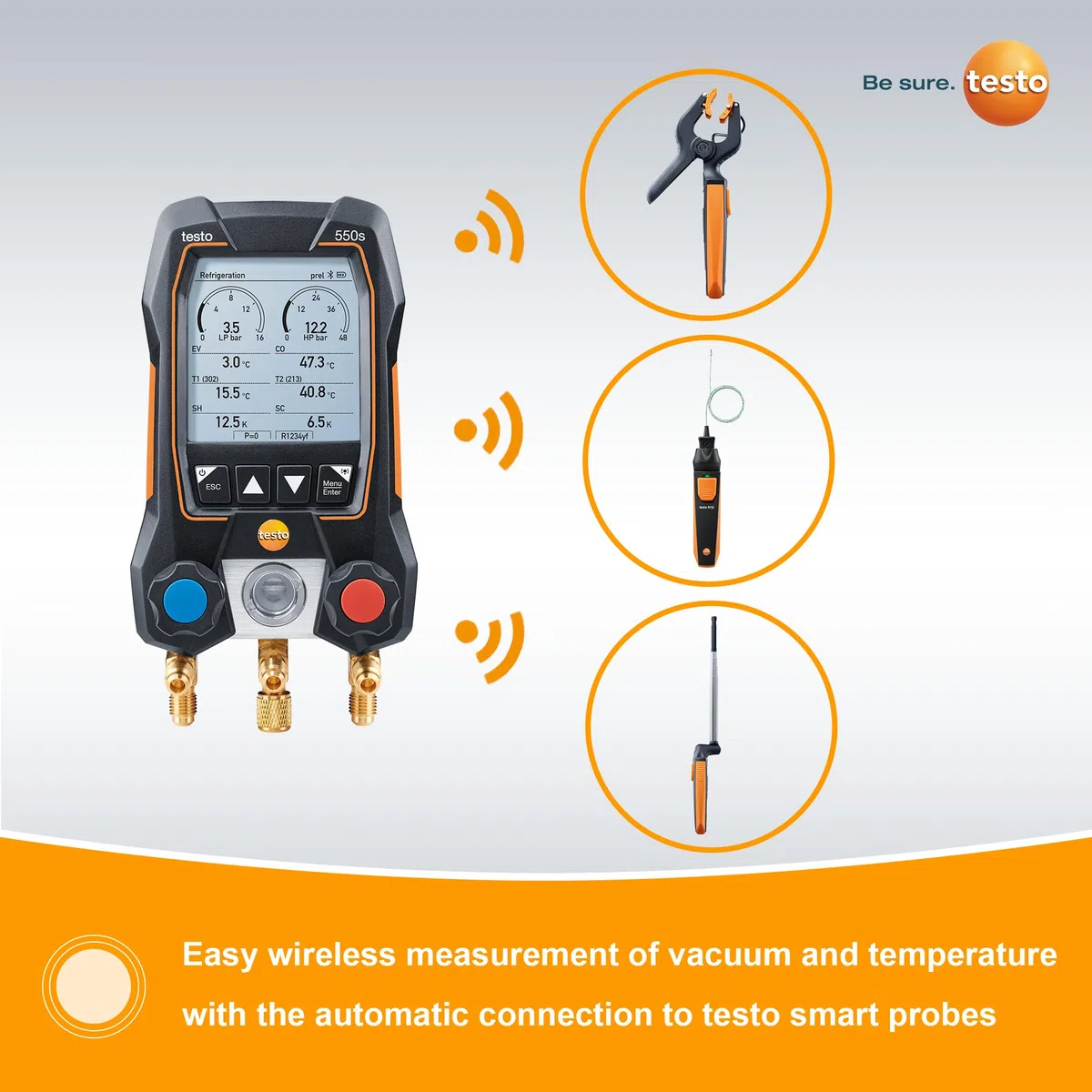 Testo 557s Kit I App-betriebener digitaler Verteiler, 2 x Testo 115i Rohrschellenthermometer, 1 x Testo 552i Mikron Messgerät, 4 x Schläuche I für HLK-Systeme - mit Bluetooth