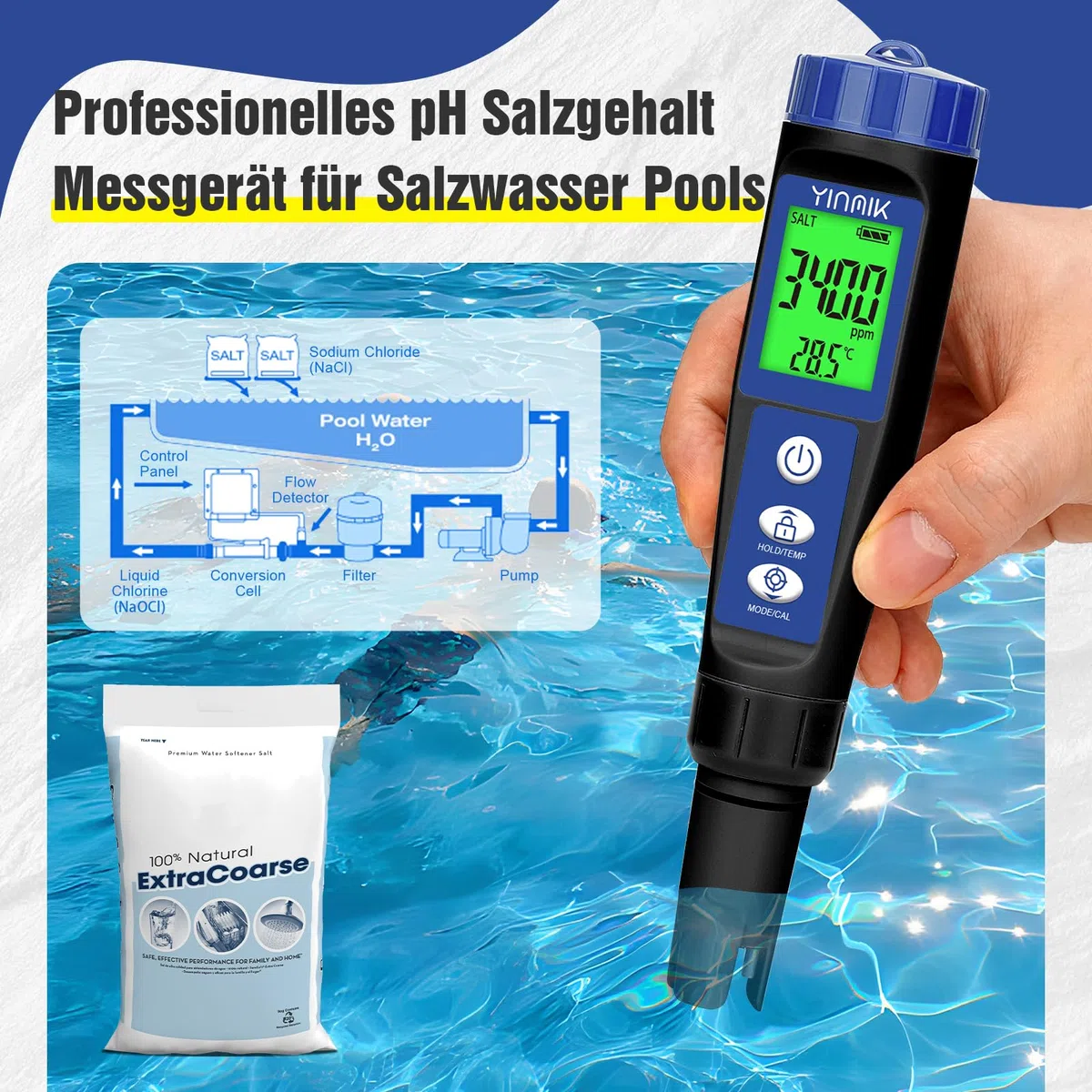 Pool pH Salz Messgerät 6-in-1 Tester für Salzwasserpools, Hydroponik, Trinkwasser