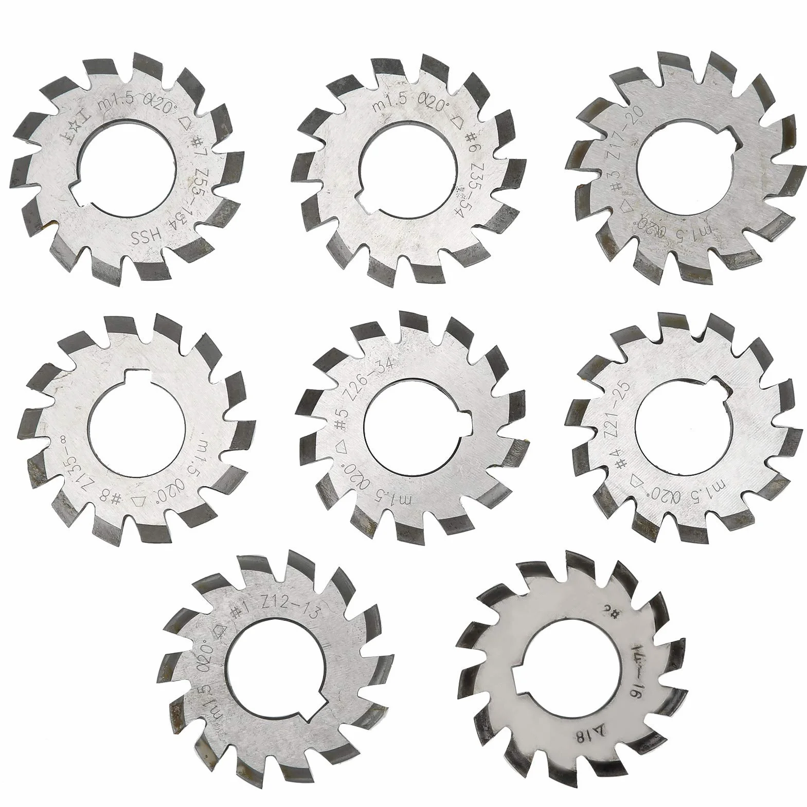 8-teiliger Hochgeschwindigkeitsstahl-Zahnradfräser M1.5 20° Zahnradfräser Industriematerial