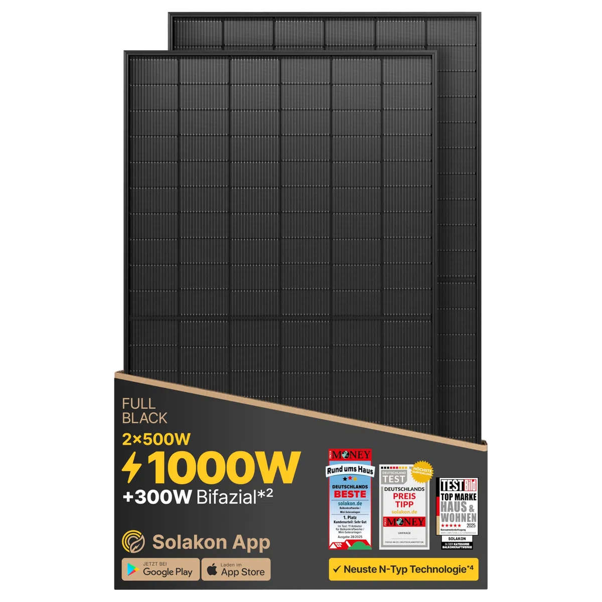 Solakon Solarpanel 500W Bifazial Glas-Glas N-Type Solarmodul 40V Full Black für Balkonkraftwerk Solaranlage (2 Stk)