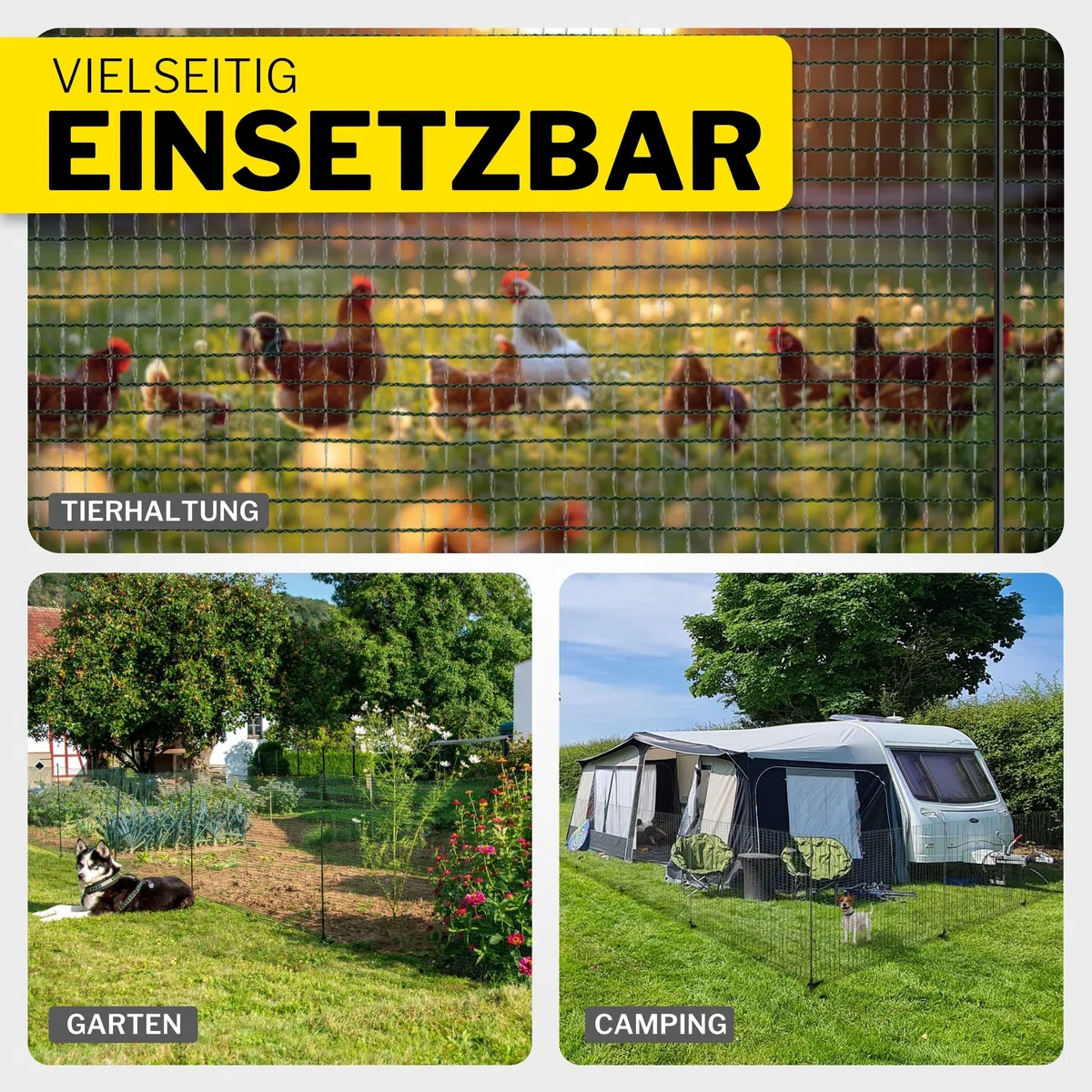horizont Mobiler Hundezaun 20m x 80cm, 12 Pfähle – Steckzaun / Begrenzungszaun, engmaschiger Weidezaun, ideal als Hundezaun für Camping & Garten