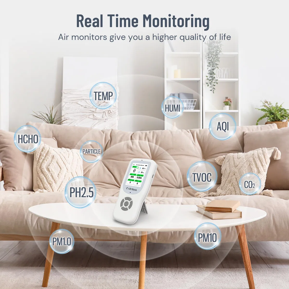 LifeBasis 10 in 1 Raumluftqualitätsdetektor Formaldehyd-Detektor AQI-Verschmutzungsmonitor PM2.5/PM10/HCHO/TVOC/CO2 Temperatur Luftfeuchtigkeit USB Aufladbar