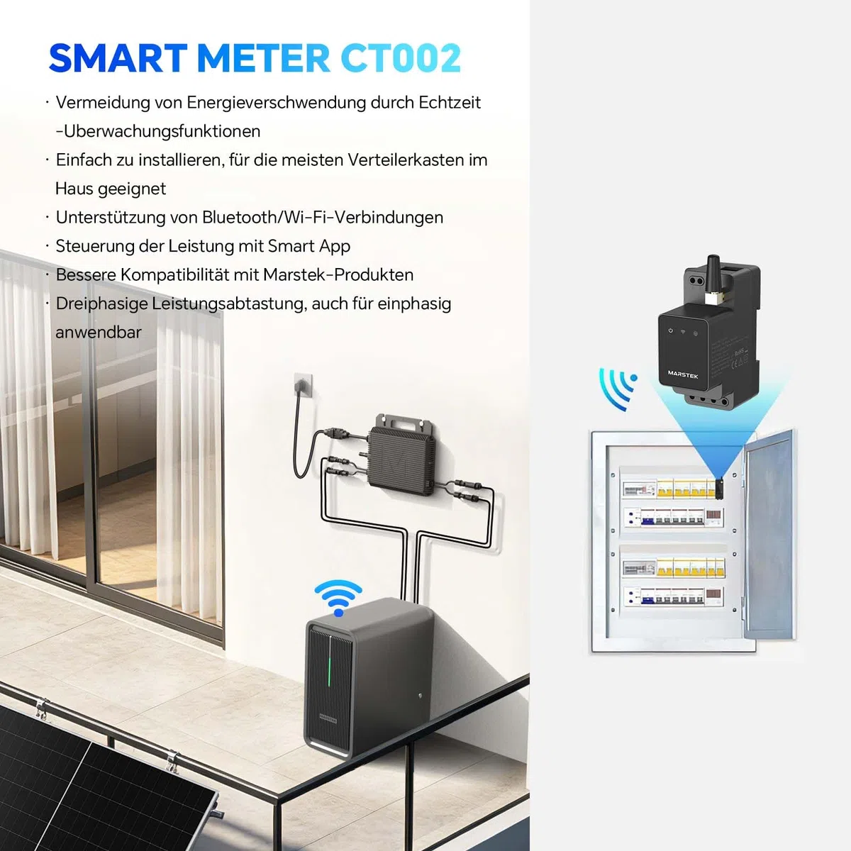MARSTEK Smart Meter CT002 (Upgrade 2026), WLAN & Bluetooth, Dreiphasige Leistungsabtastung, Einphasig kompatibel, DIN-Schienen-Montage, App-Steuerung