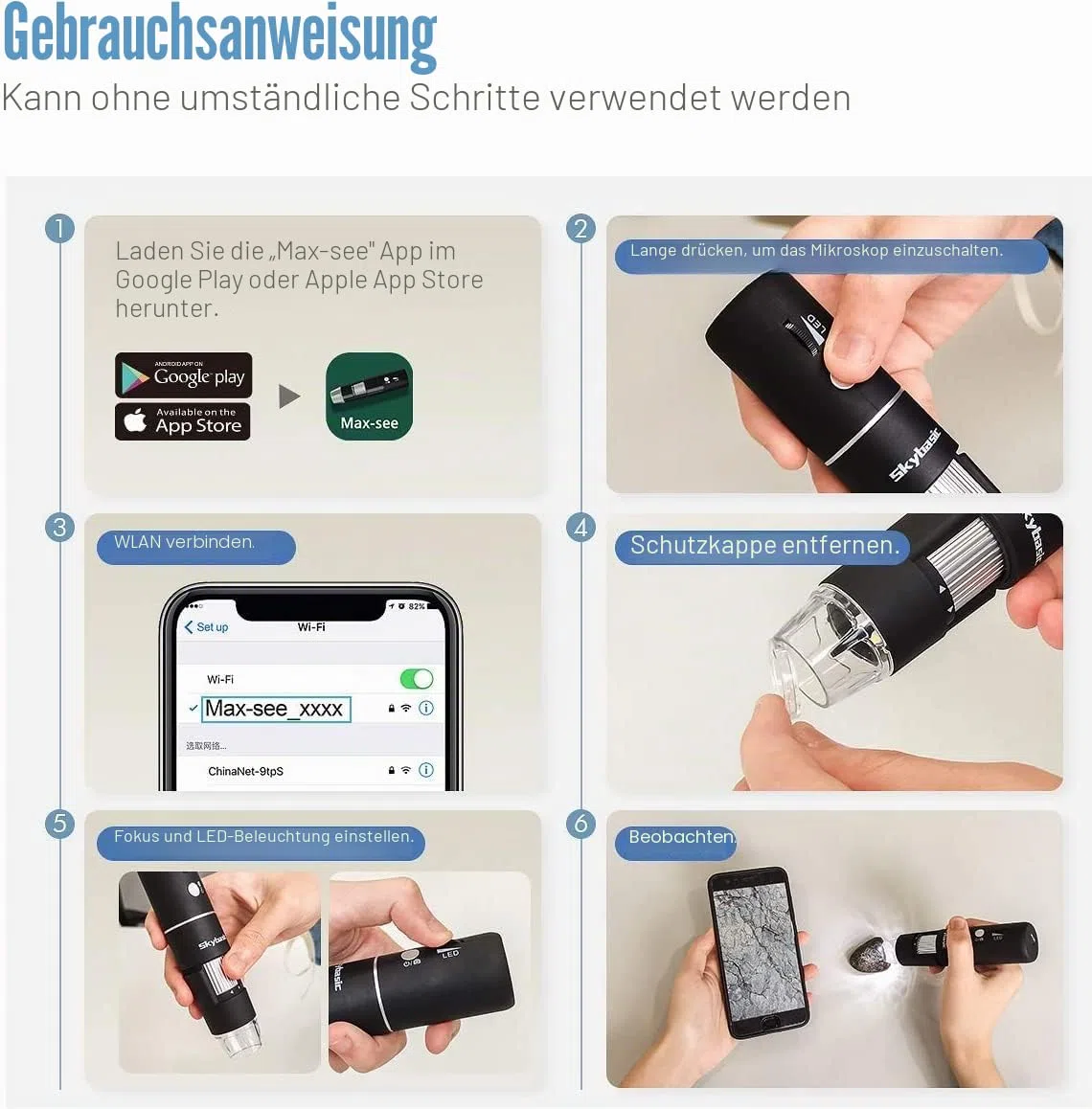 Skybasic Digitales Mikroskop 50X-1000X WiFi 2.0 MP 8 LED Handgehalten