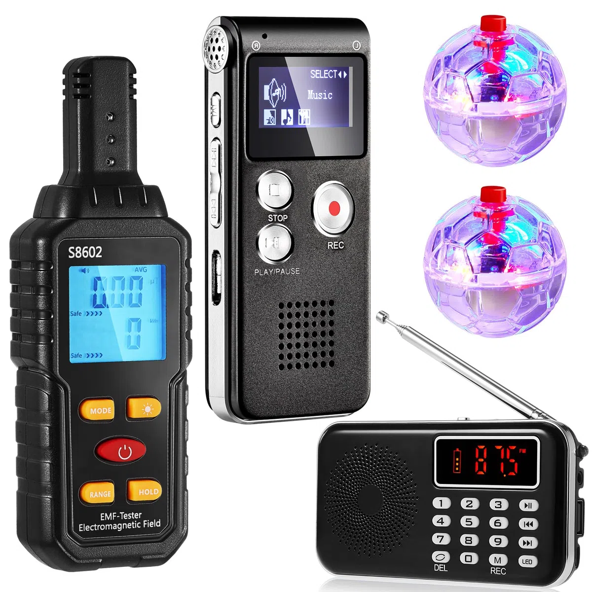 Dunzy Geisterjagdausrüstungs-Set: EMF-Messgerät, LED-Bälle, digitales Diktiergerät