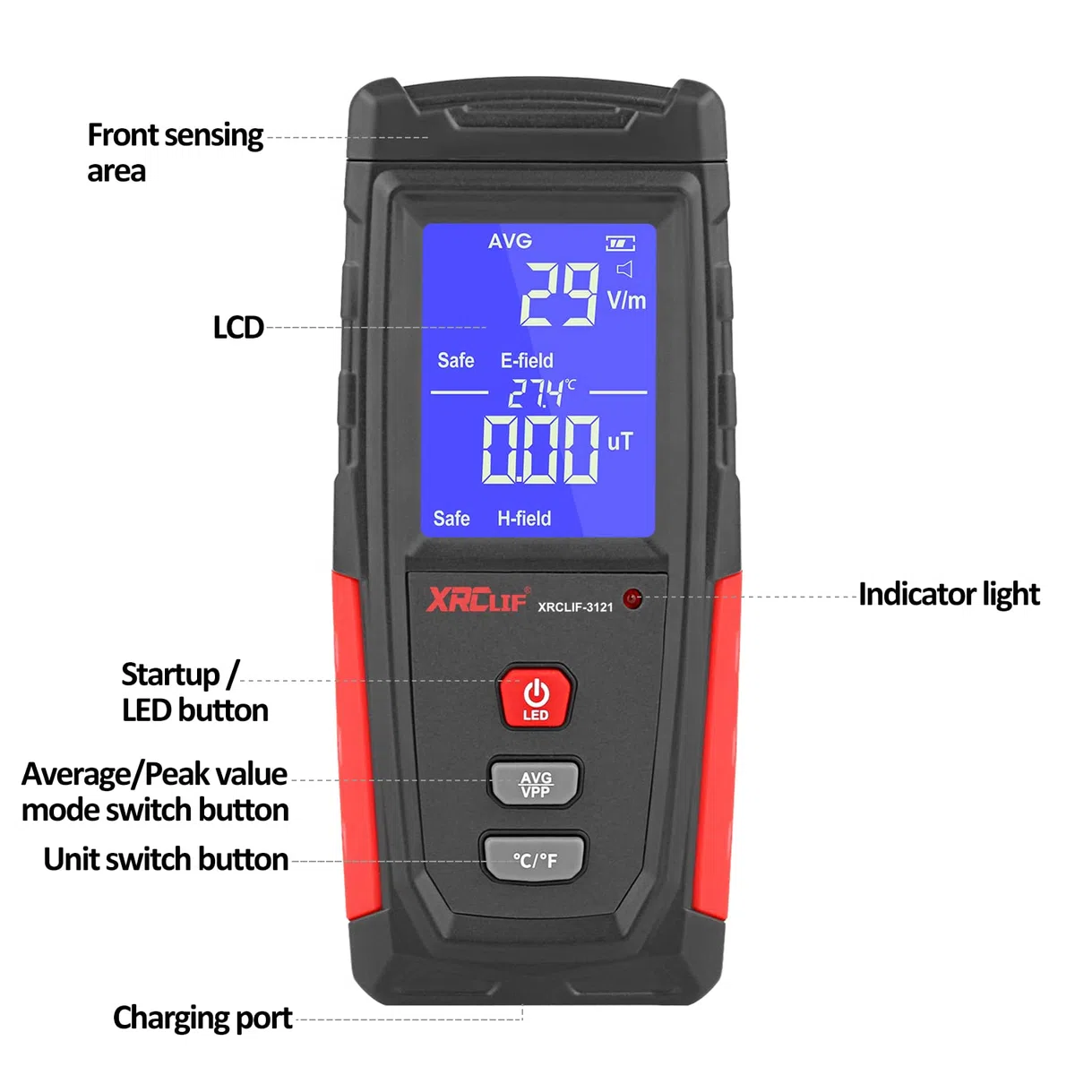 EMF Messgerät, XRCLIF Digitaler Elektromagnetischer Strahlungsdetektor, Handheld EMF Tester, Elektrischer Feld-/Magnetfeldmonitor - Schwarz