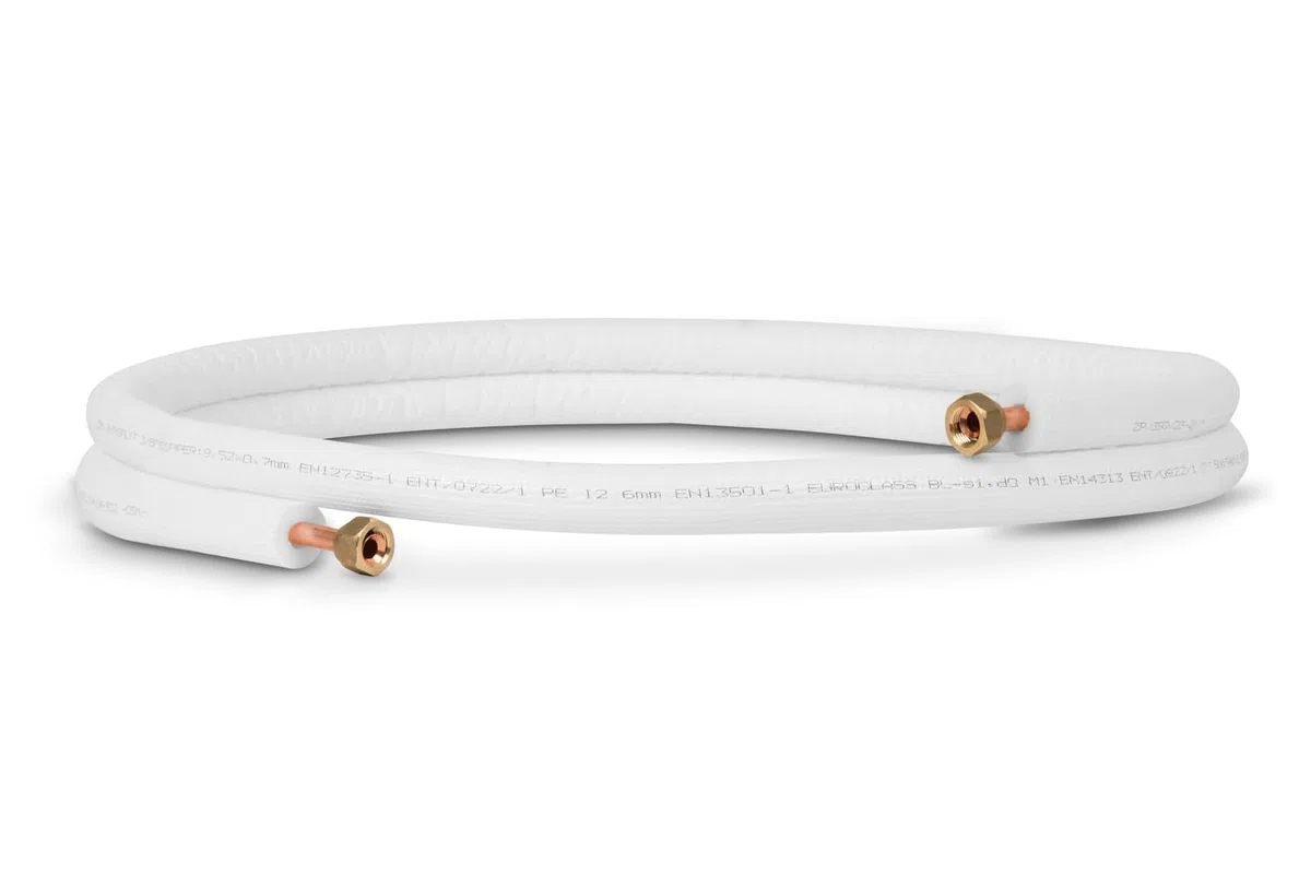 Kupferrohr-Kälterohr 1/4" + 3/8" / 3 m mit Überwurfmuttern, auf Länge geschnitten, ideal für 9000/12000 BTU Geräte, fachkundige Beratung durch die Installationsfirma für jeden Käufer