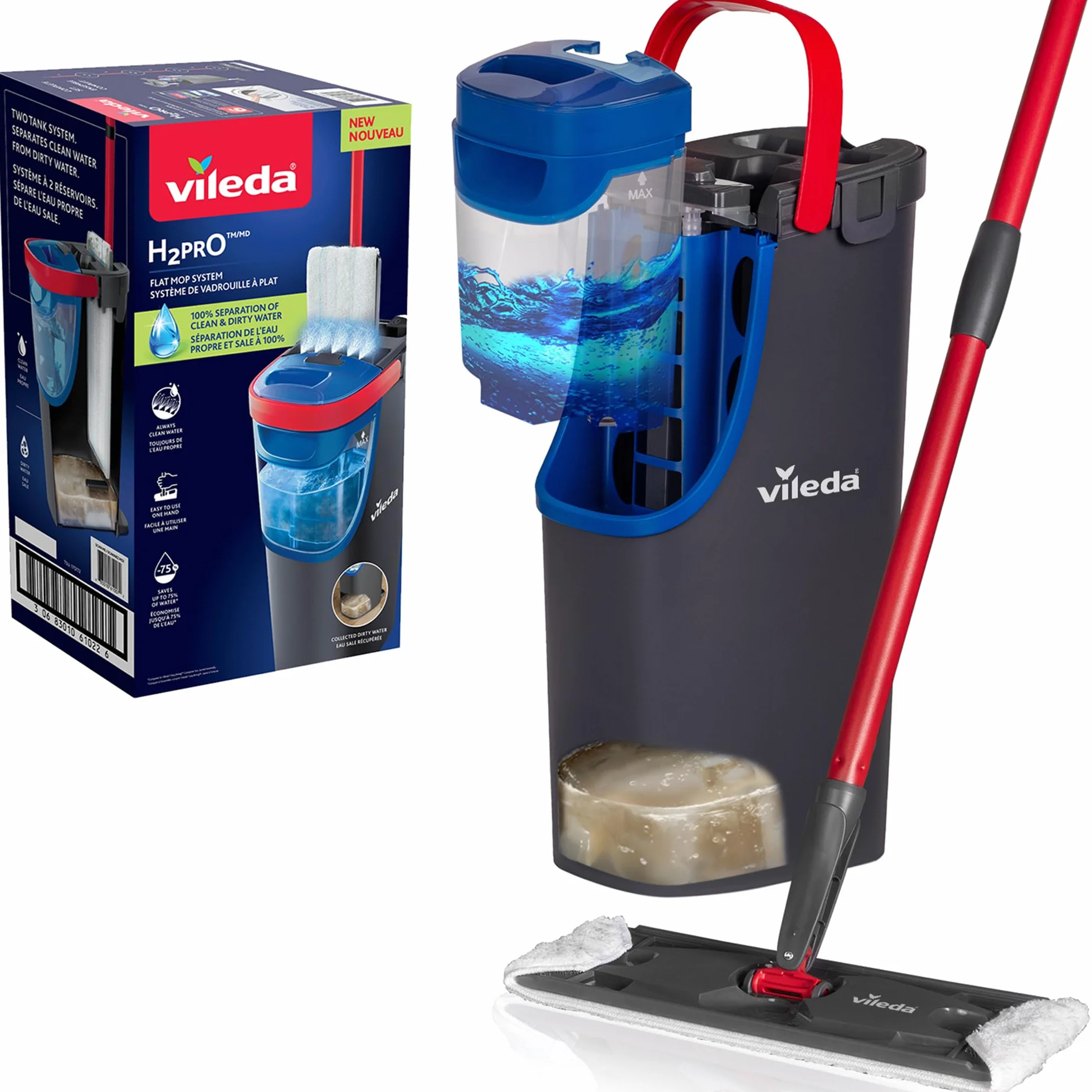Vileda H2PrO Bodenwischer Mikrofaser Trennung Frisch- und Schmutzwasser Wassersparend Einhandbedienung Kompakt Ergonomisch