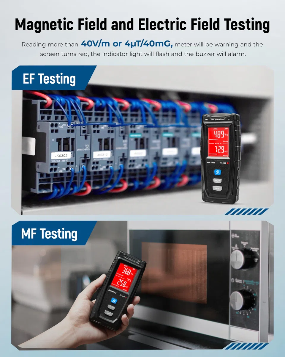 ERICKHILL RT100 EMF-Messgerät Strahlungsdetektor elektromagnetische Felder LCD-Detektor TYPE-C Ladeanschluss