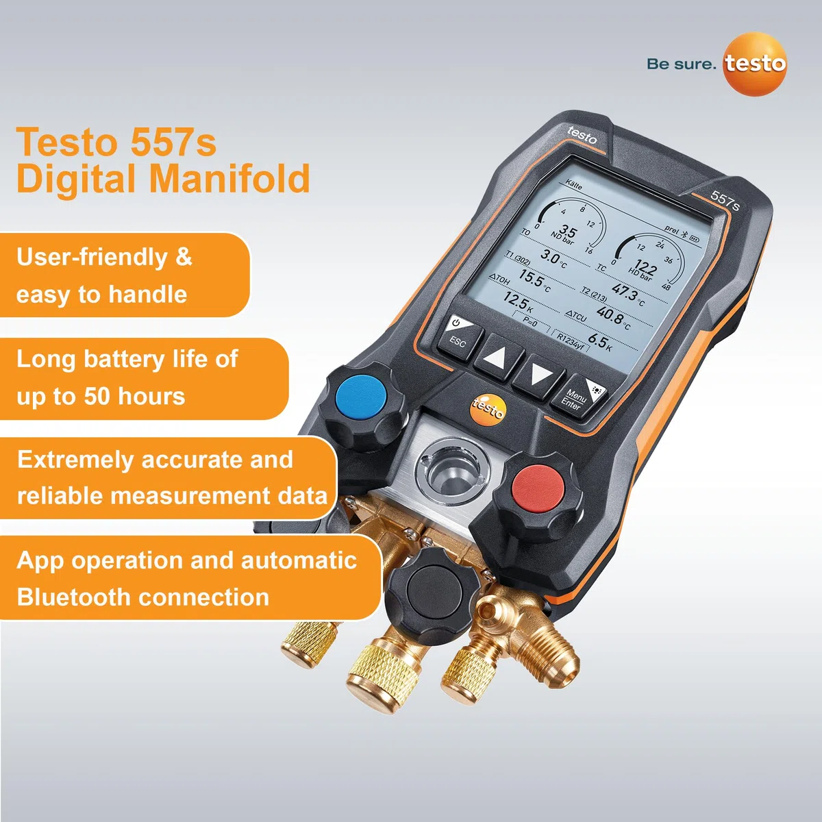 Testo 557s Kit I App-betriebener digitaler Verteiler, 2 x Testo 115i Rohrschellenthermometer, 1 x Testo 552i Mikron Messgerät, 4 x Schläuche I für HLK-Systeme - mit Bluetooth