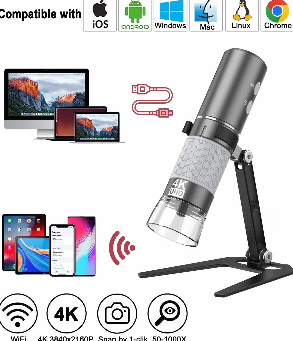 Jiusion WiFi USB Digitales Mikroskop 50-1000X Kabellose Vergrößerung Endoskop 4K 3840x2160P Kamera 8 LEDs Metallständer