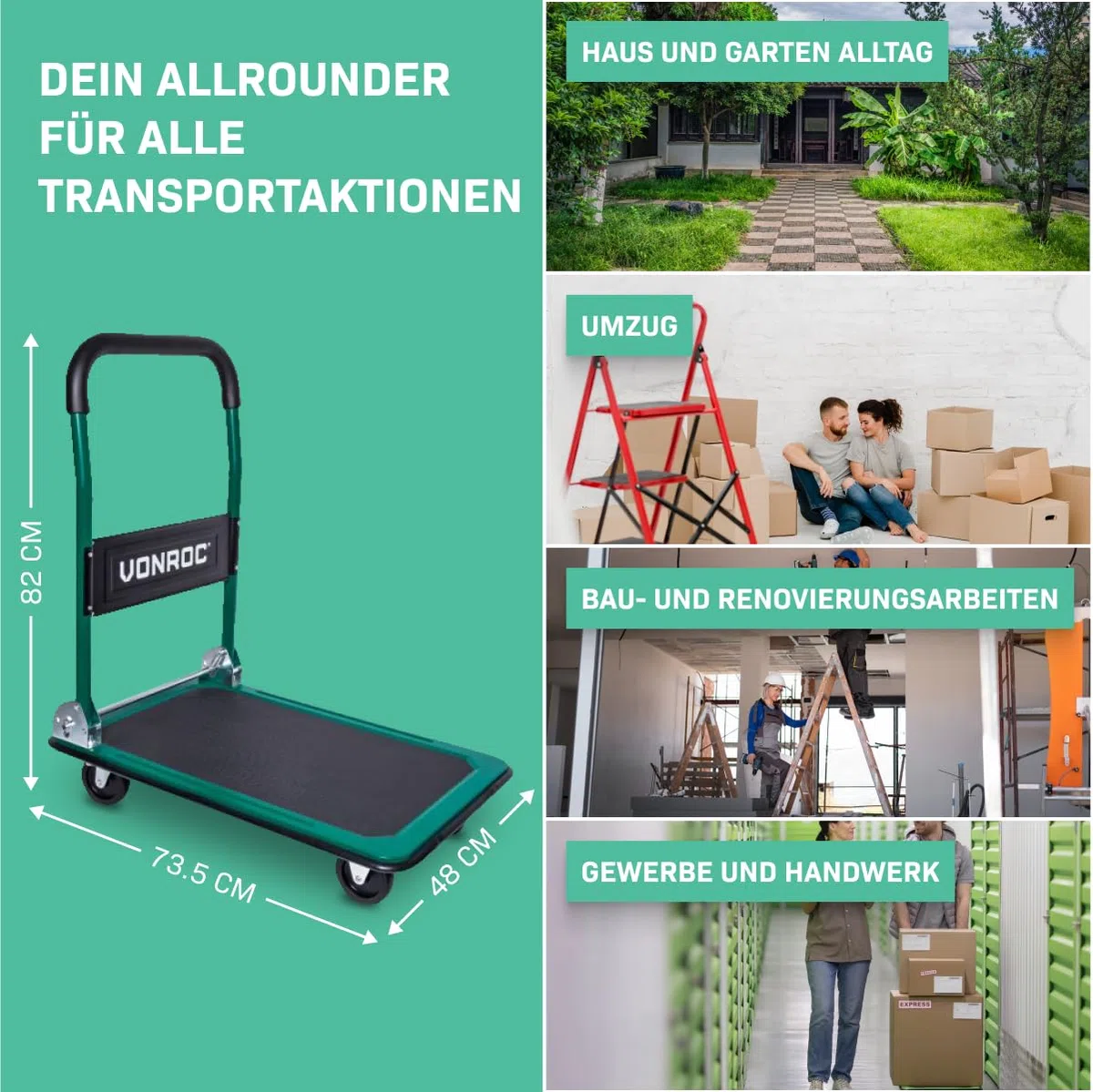 VONROC Transportwagen klappbar 150kg - Plattformwagen als Transporthilfe - Rollwagen mit Griff
