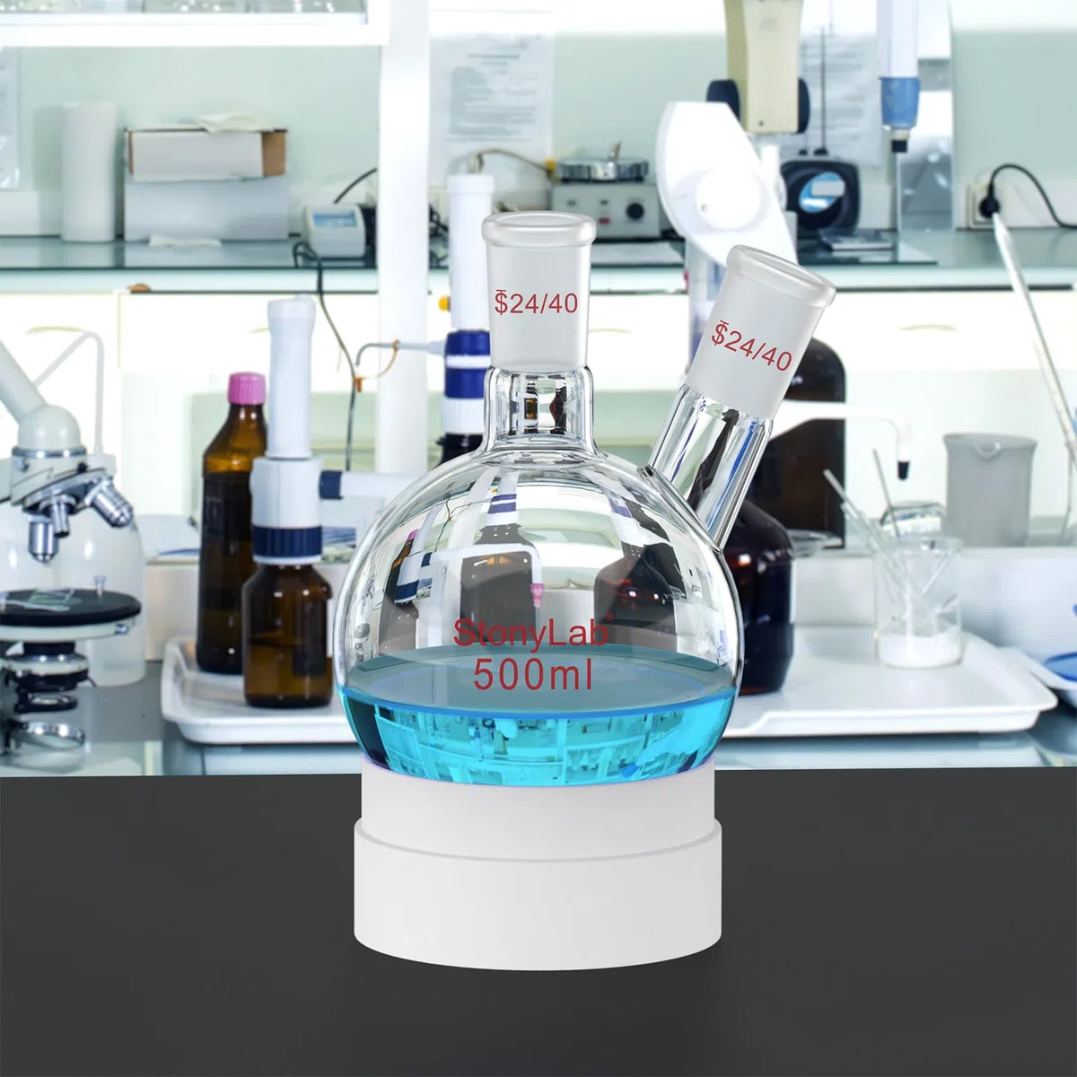 stonylab 500ml 2 Neck Flask Rundkolben, Borosilikat Glas Dreihalskolben Rundkolben RBF mit 24/40 Standard Taper Outer Joint, 2 Neck Round Bottom Flask - 500ml