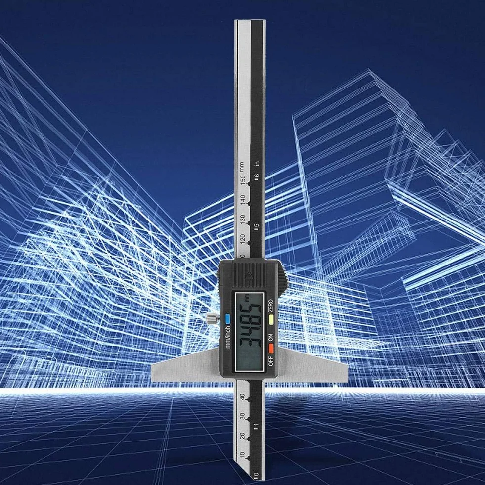 6 Zoll Digitales Tiefenmessgerät Edelstahl Digitales Höhenmessgerät Elektronisches Tiefenmess-Messschieberlineal mit 0-150 mm Messbereich 0,01 mm Präzision für DIY-Messungen
