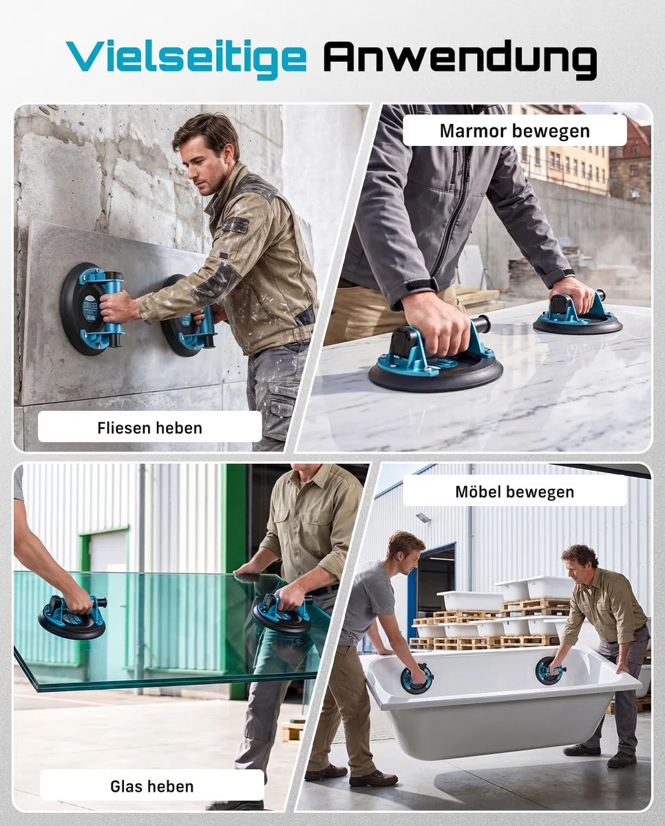 SEESII Vakuum Saugheber Fliesen, 2er-Set 8" Glassauger Tragkraft Max.200KG, Fliesenheber für Glas, Marmor, Laminat & Terrassenplatten, Vakuumheber Glasheber mit Tragbarer Werkzeugkasten