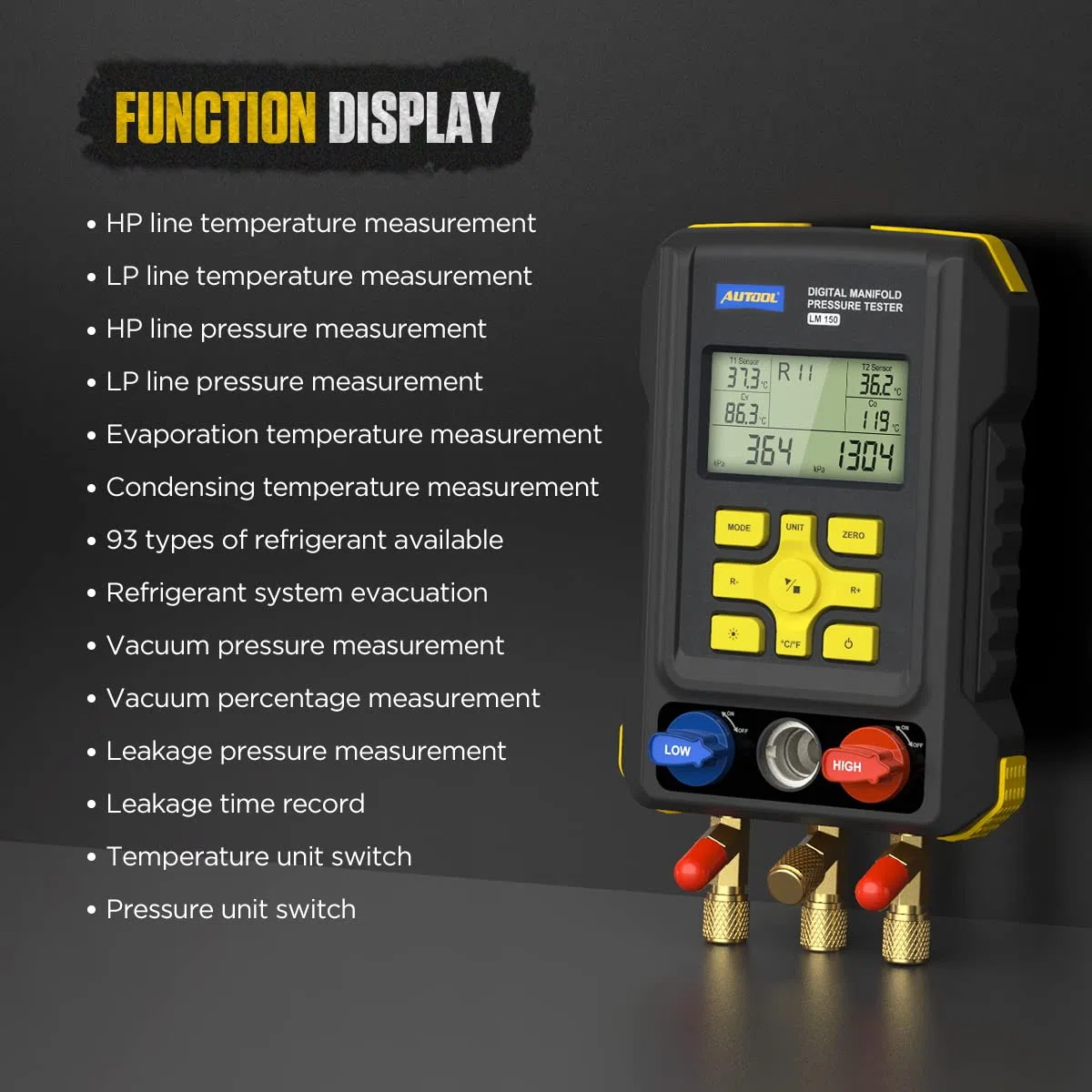 AUTOOL LM150 HVAC Manifold Gauge Kältemittel Klimaanlagen Werkzeuge AC Diagnose Anzeigen Set Vakuum Druck Temperatur Leckage Tester Kompatibel mit R12,R22,R32,R407C,R404A,etc.