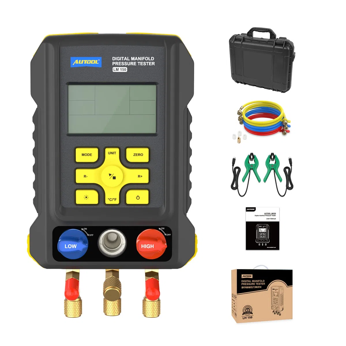 AUTOOL LM150 HVAC Manifold Gauge Kältemittel Klimaanlagen Werkzeuge AC Diagnose Anzeigen Set Vakuum Druck Temperatur Leckage Tester Kompatibel mit R12,R22,R32,R407C,R404A,etc.