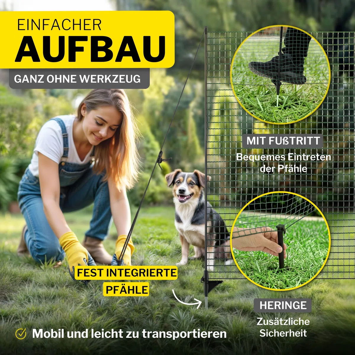 horizont Begrenzungszaun FIX, mobiler Zaun 25m Lang & 110cm hoch, engmaschig für Garten, Camping & Haustiere, inkl. 15 Fiberglaspfählen & 20 Heringen, Beetschutz, Hundezaun, Absperrzaun, Steckzaun