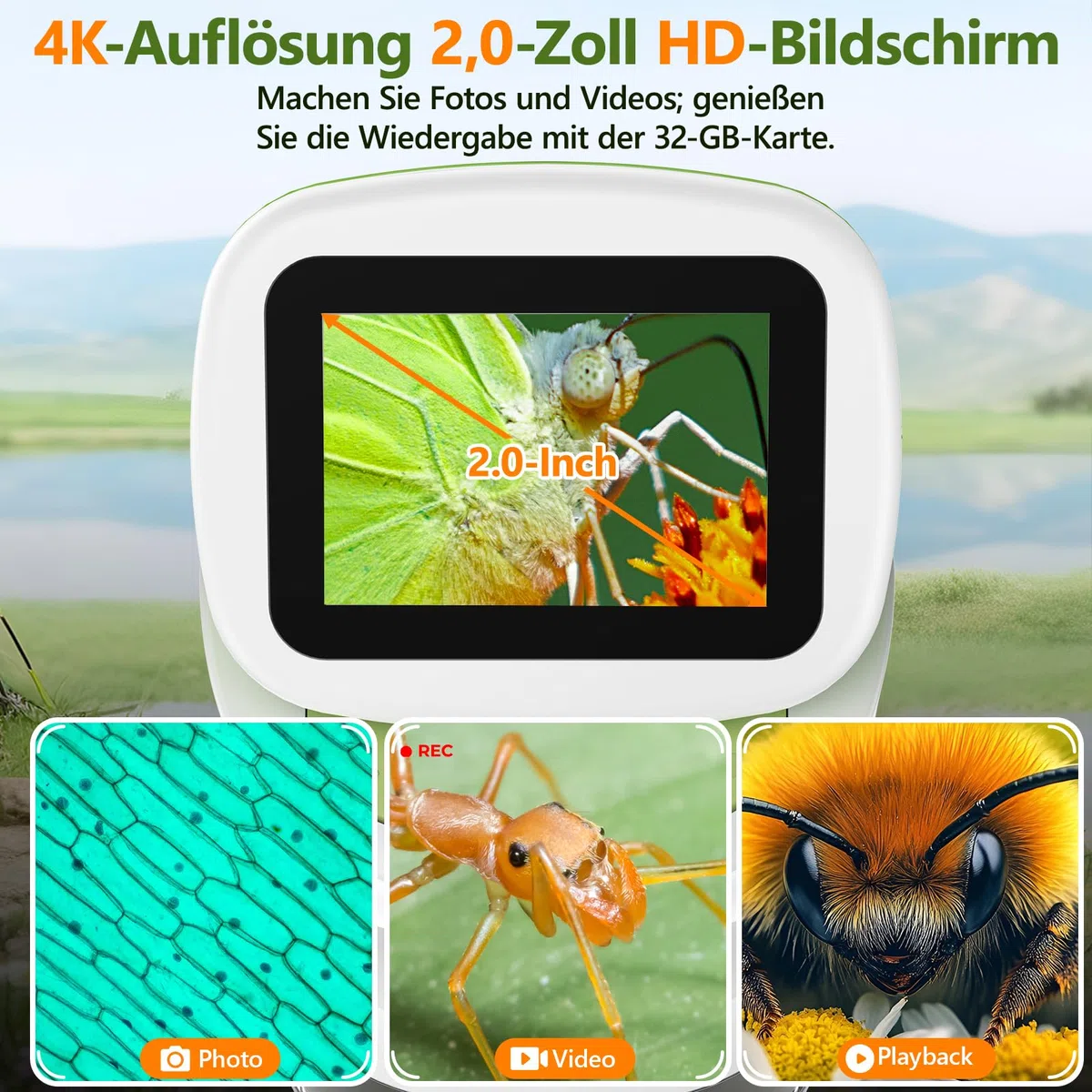 Kinder-Handmikroskop Mini 1000X Digitales Taschenmikroskop 2 Zoll 4K Bildschirm STEM Spielzeug Geschenk Kinder 6-12 Jahre inkl. Dias-Set 32GB Speicherkarte