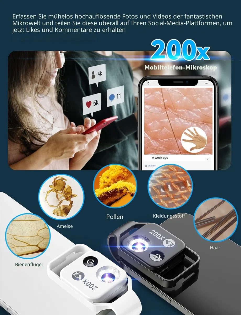 APEXEL 200X Mini-Mikroskop für Smartphone-Kamera, Taschengröße, Schwarz