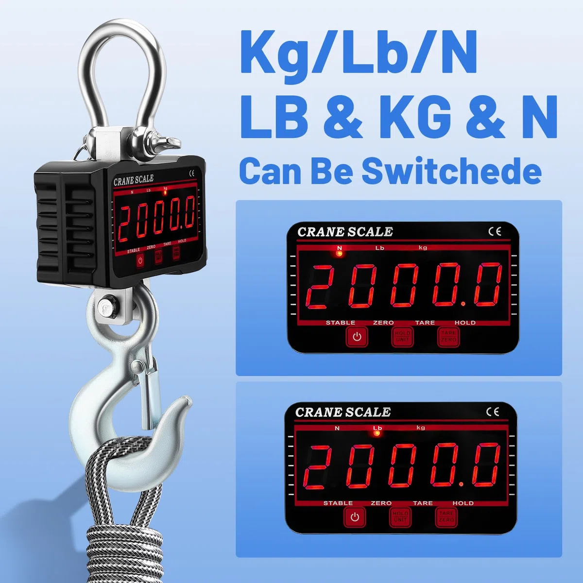 Kranwaage 2000kg/4000 lbs, Elektronische Digitale Hängewaage, 2T Hängewaage, Heavy Duty Industrie Hängende Waage mit Groß LCD Bildschirm und Fernbedienung für Bauernhof, Fabrik,BAU,KG/LB/N