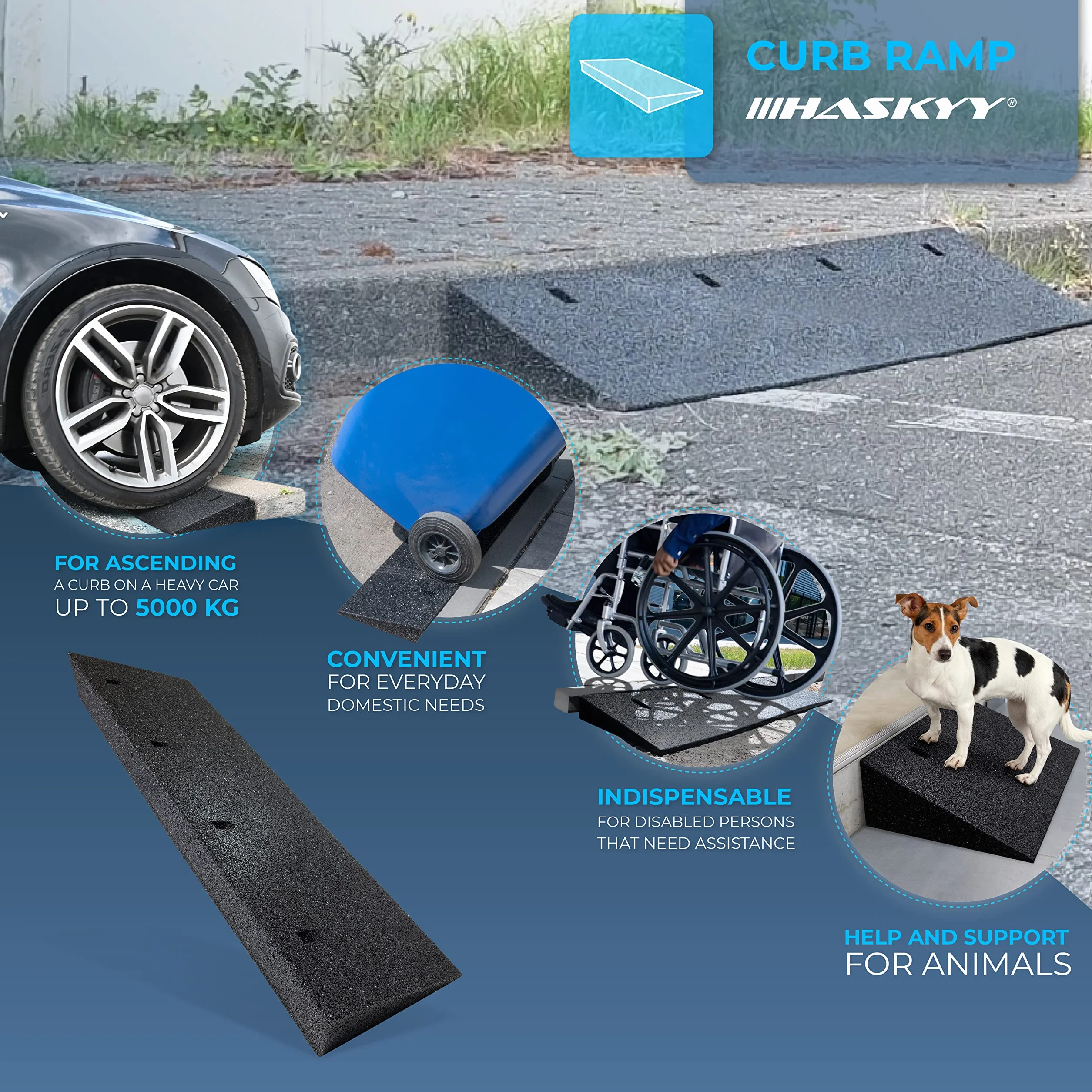 HASKYY Bordsteinrampe Gummi schwarz I Breite: 100 cm I Höhe: 110mm I Rampe Gummikeil Rollstuhlrampe Auffahrrampe Auffahrkeil Auffahrhilfe Türschwellenrampe Autorampe