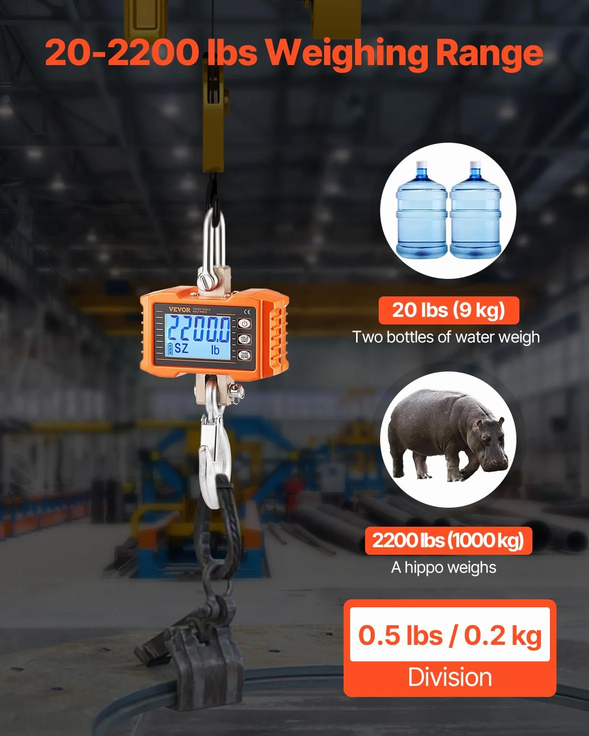 VEVOR Industrielle Hängewaage, 1000 kg, robuste digitale Kranwaage mit Fernbedienung, Lastenwaage, Gehäuse aus Aluminiumguss, hochpräzises LCD-Display für Bau, Fabrik, Bauernhof, Jagd, Orange