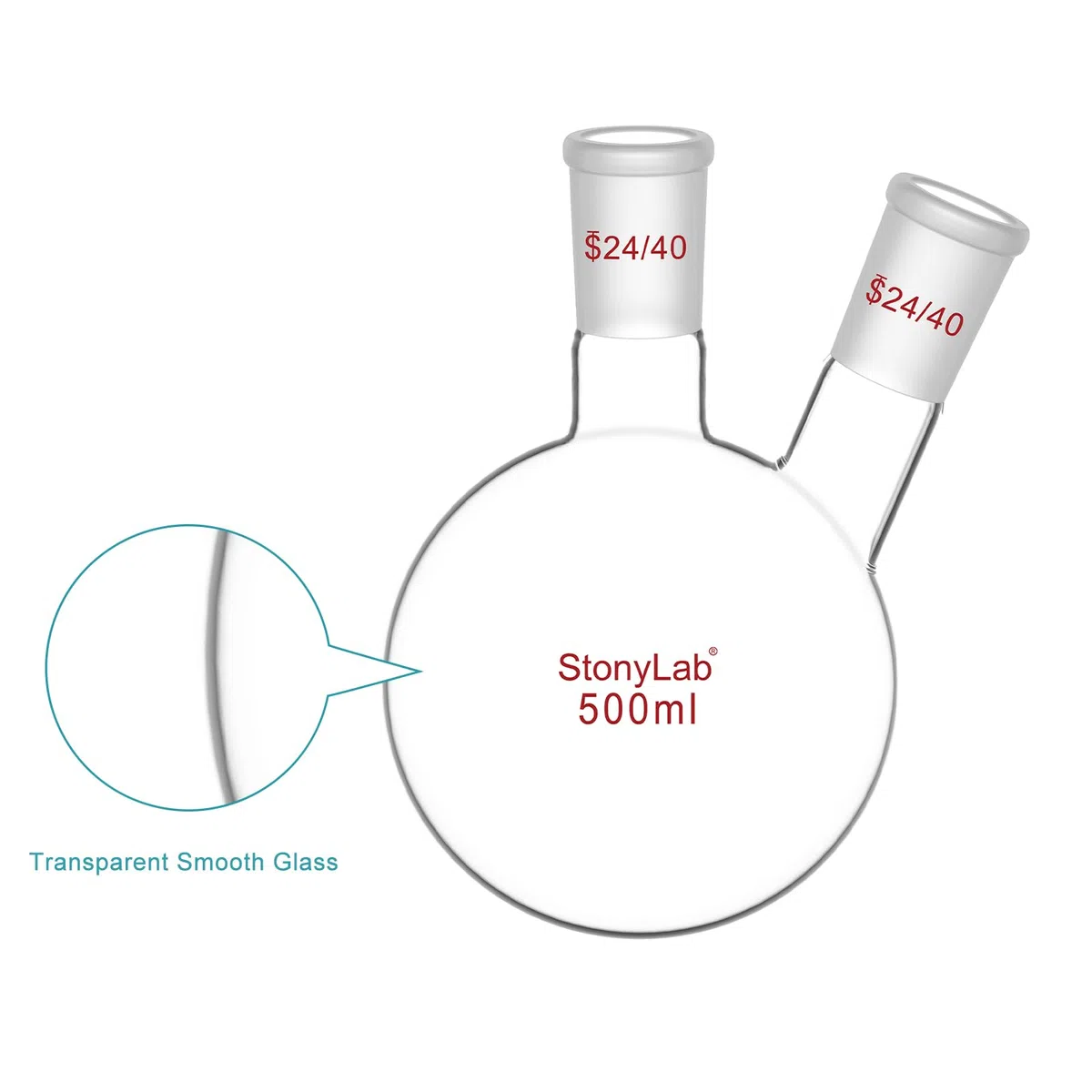 stonylab 500ml 2 Neck Flask Rundkolben, Borosilikat Glas Dreihalskolben Rundkolben RBF mit 24/40 Standard Taper Outer Joint, 2 Neck Round Bottom Flask - 500ml