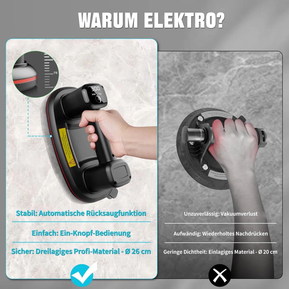 2er-Set 26cm Akku Saugheber für Fliesen,Elektrischer Saugheber Fliesensauger,Plattenheber Vakuumheber mit Auto-Nachsauge & LCD-Anzeige für Saugkraft & Akkulaufzeit,4500 mAh Akku,Max.300KG
