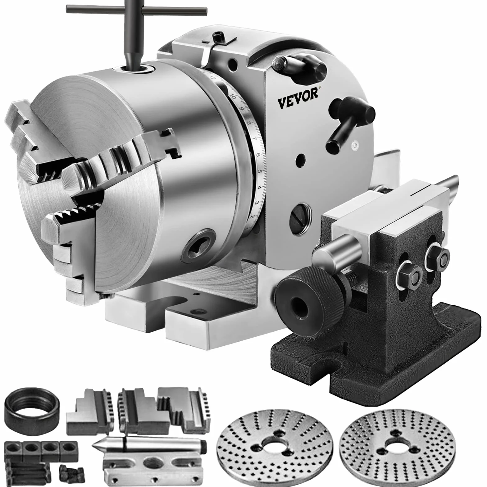 VEVOR MT2 Teilapparat mit backenfutter, Rotary Tisch mit Indizierung Höhe der Mitte 101,6 mm, Dividing Head 23 kg, Rotary Tisch mit Tellern, Eine Starke Unterstützung zu Bearbeitenden Werkstück