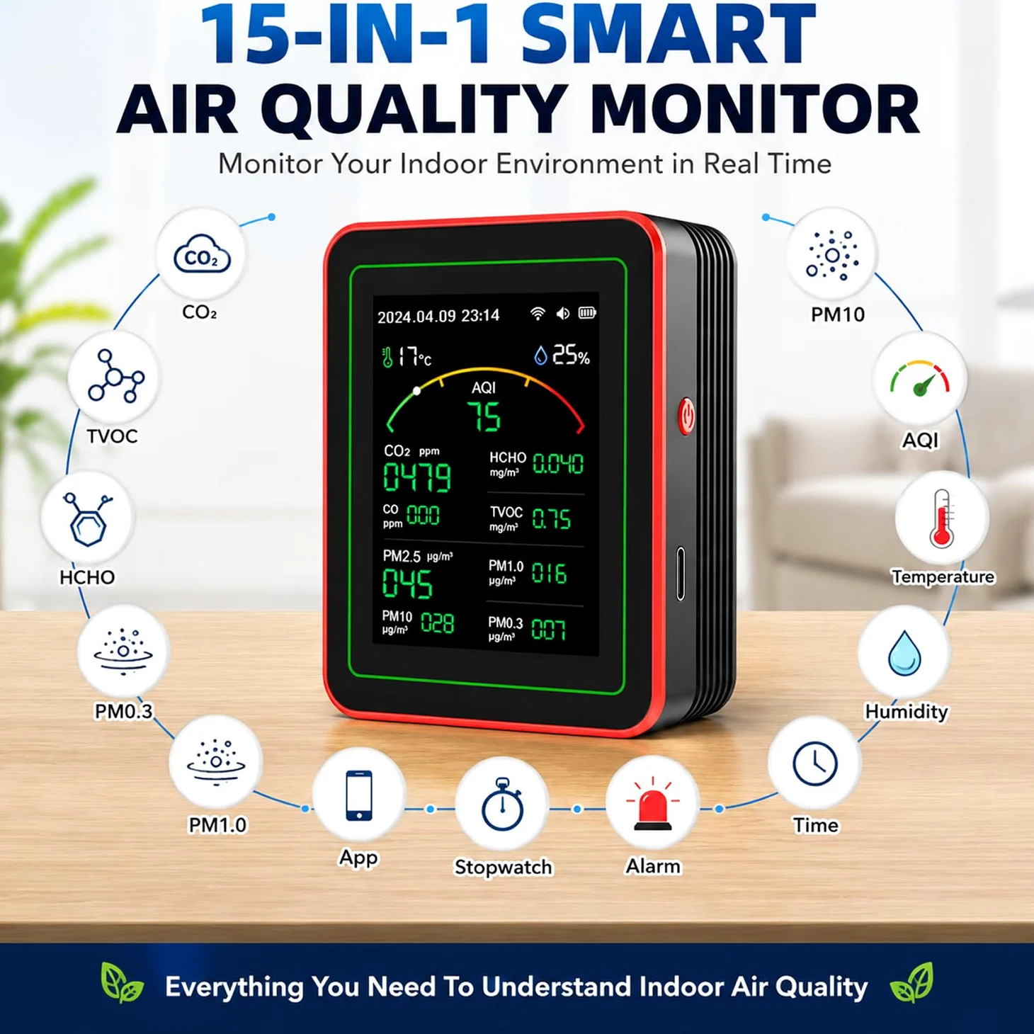 WLAN Luftqualitätsmonitor CO₂ TVOC HCHO PM2.5 PM10 Temperatur Feuchtigkeit Farbdisplay