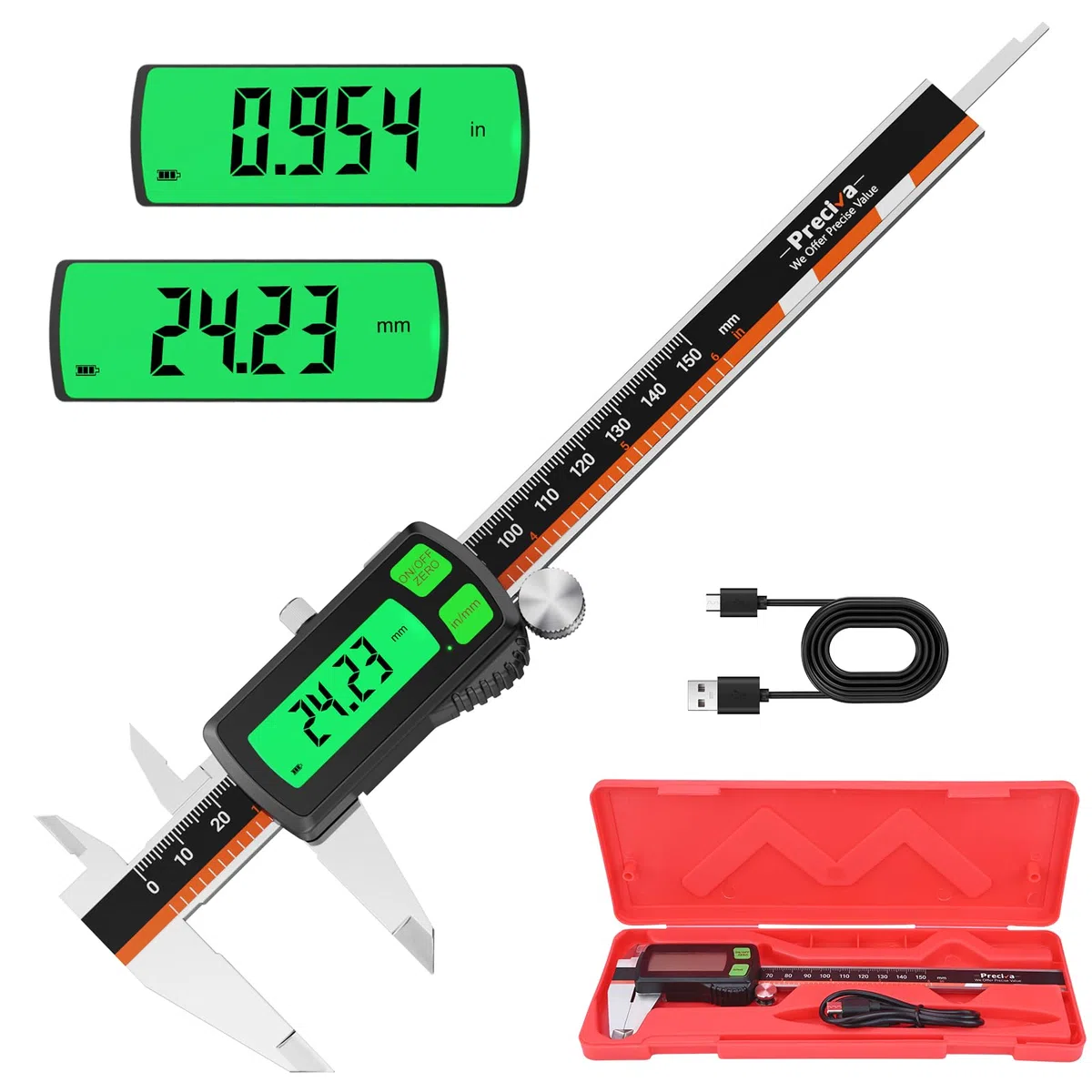 Preciva Digitaler Messschieber 150 mm, wiederaufladbar | Hintergrundbeleuchtet | Touchscreen-Digitale Schieblehre mit hochwertigem LCD-Display Elektronische Messschieber