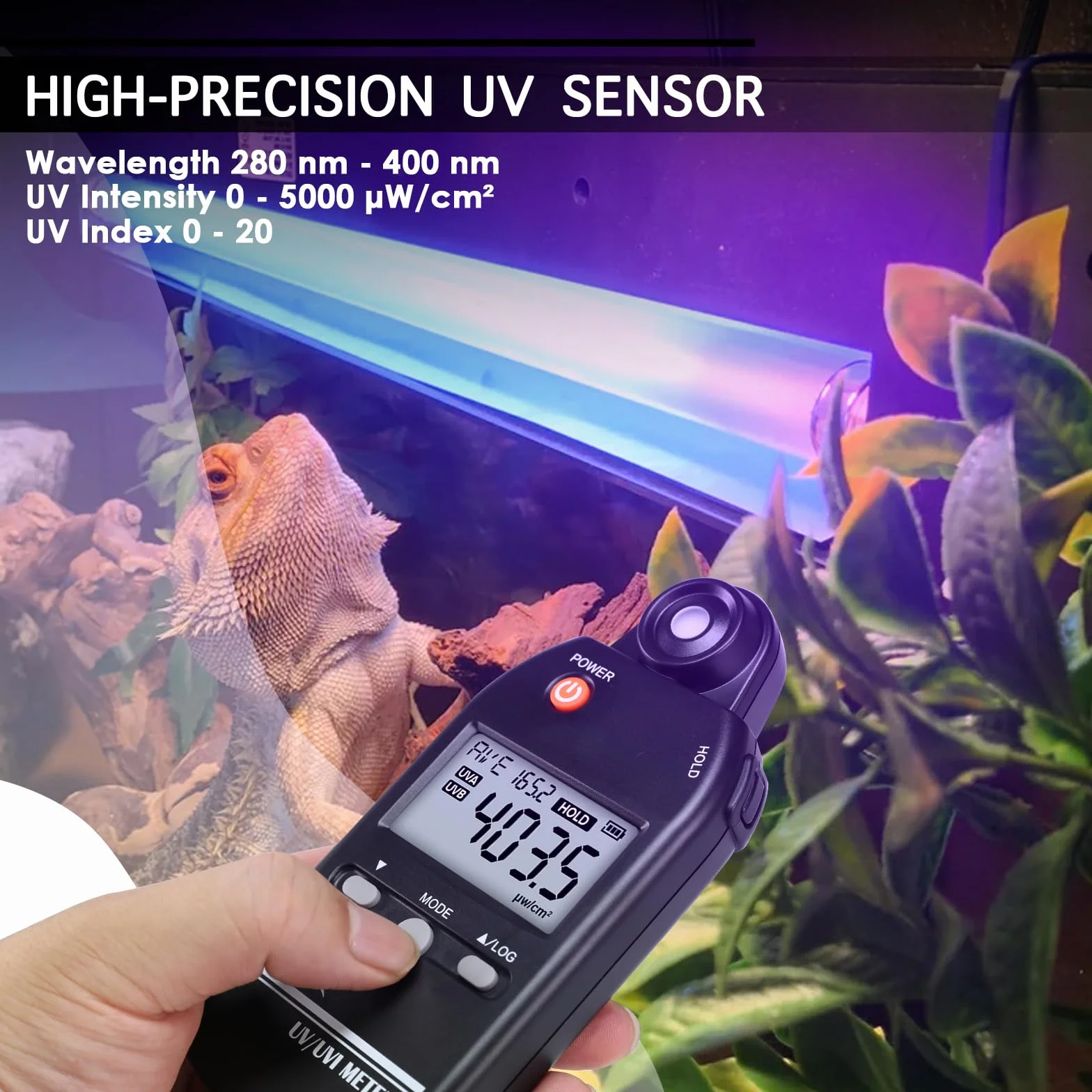 UV Meter Digital UVB Messgerät 280-400nm UV Index Meter 0-5000μW/cm² UV Detektor 100 Gruppen Datensatz für Reptilien