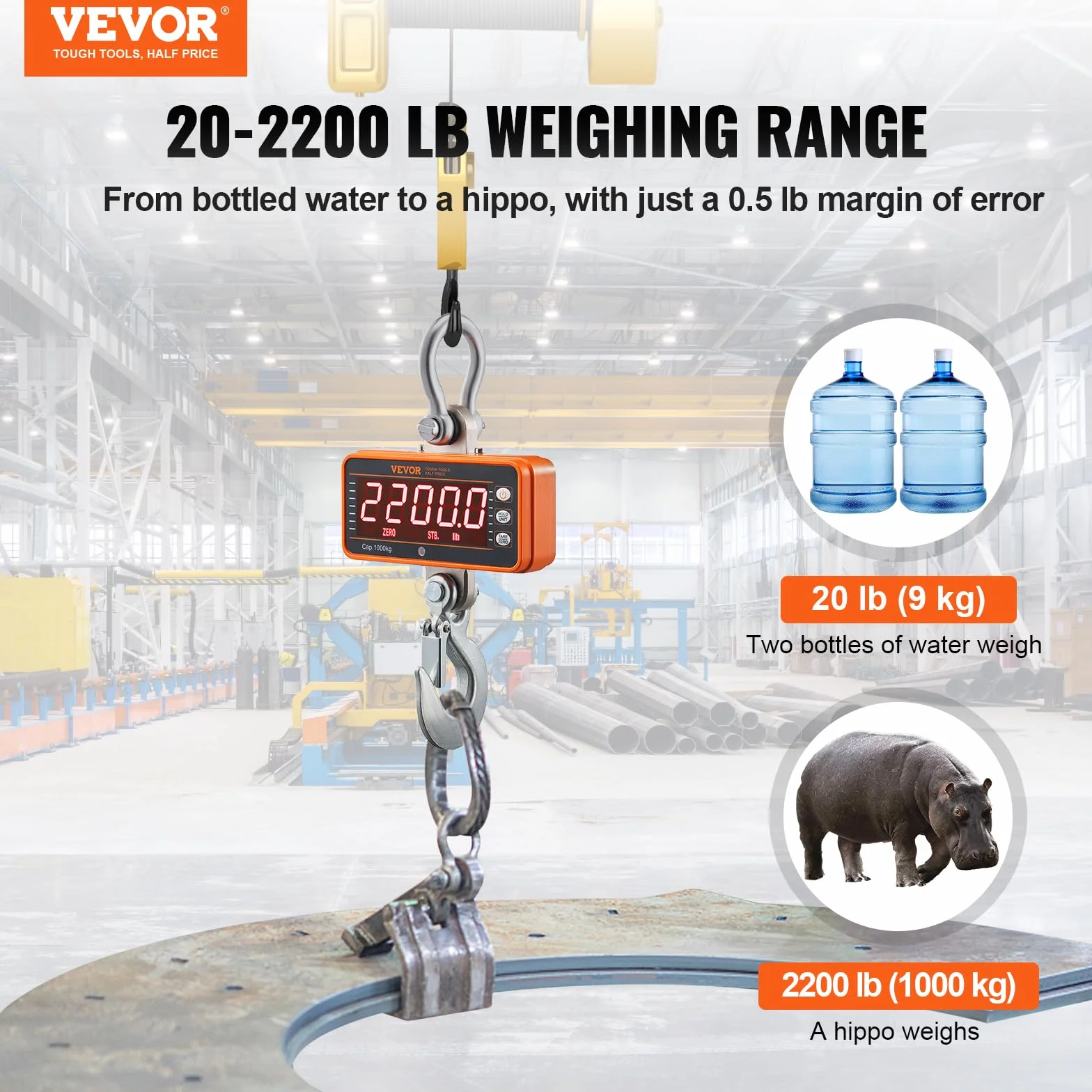 VEVOR Digitale Hängewaage 9 bis 1000kg Kranwaage lbs/kg/N Zugwaage 0,2kg Genauigkeit Wildwaage Industriewaage LED-Display Hängende Waage Mini tragbare Waage mit Fernbedienung 9 Funktionen