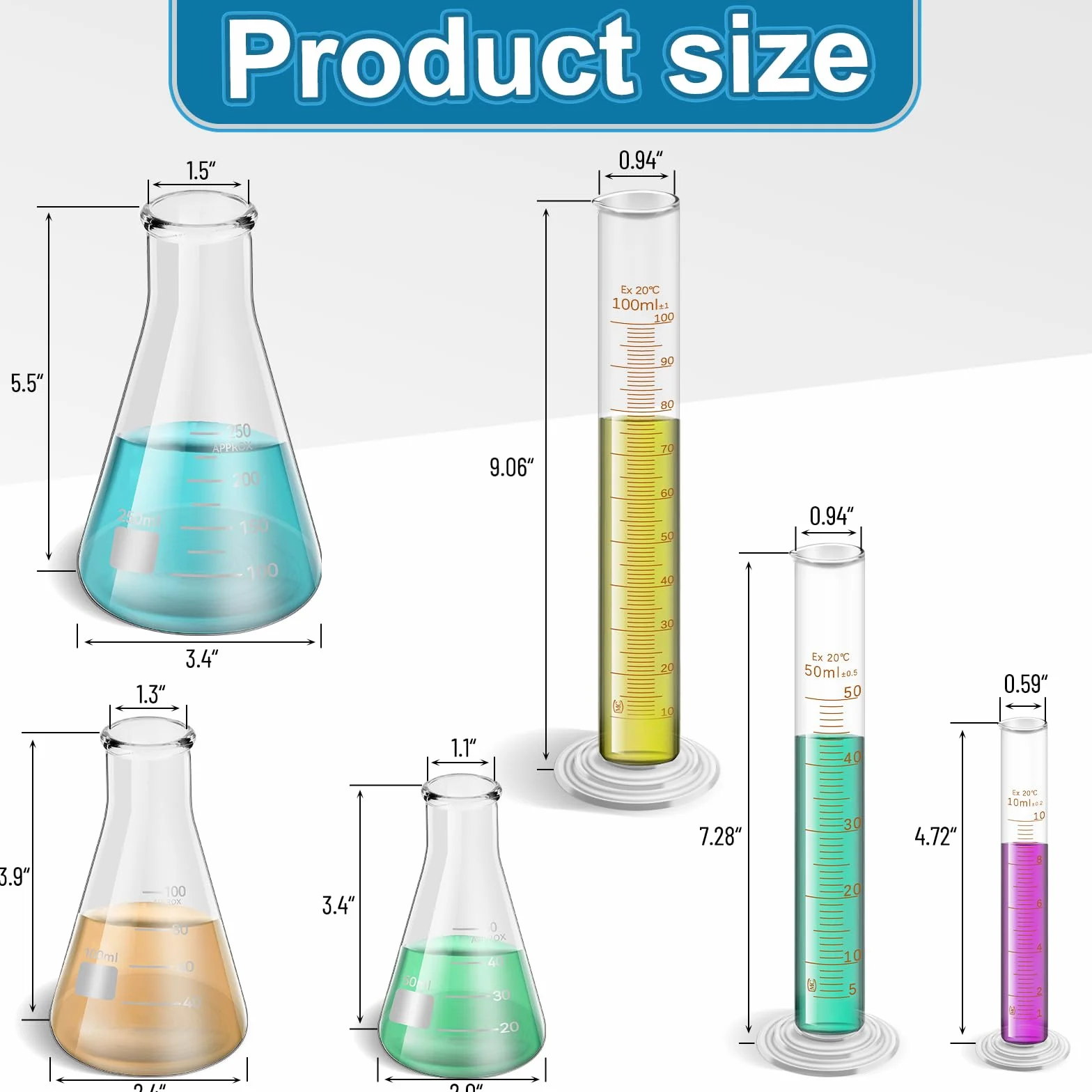 14 Stück Messbecher Glas 50/100/500 ml, Glasflasche 50/100/250 ml, Glasgraduierter Zylinder 10/50/100 ml mit 1 Pinsel, 2 Durchmessern und 2 Tropfen Becherglas Set für Wissenschaft Labor