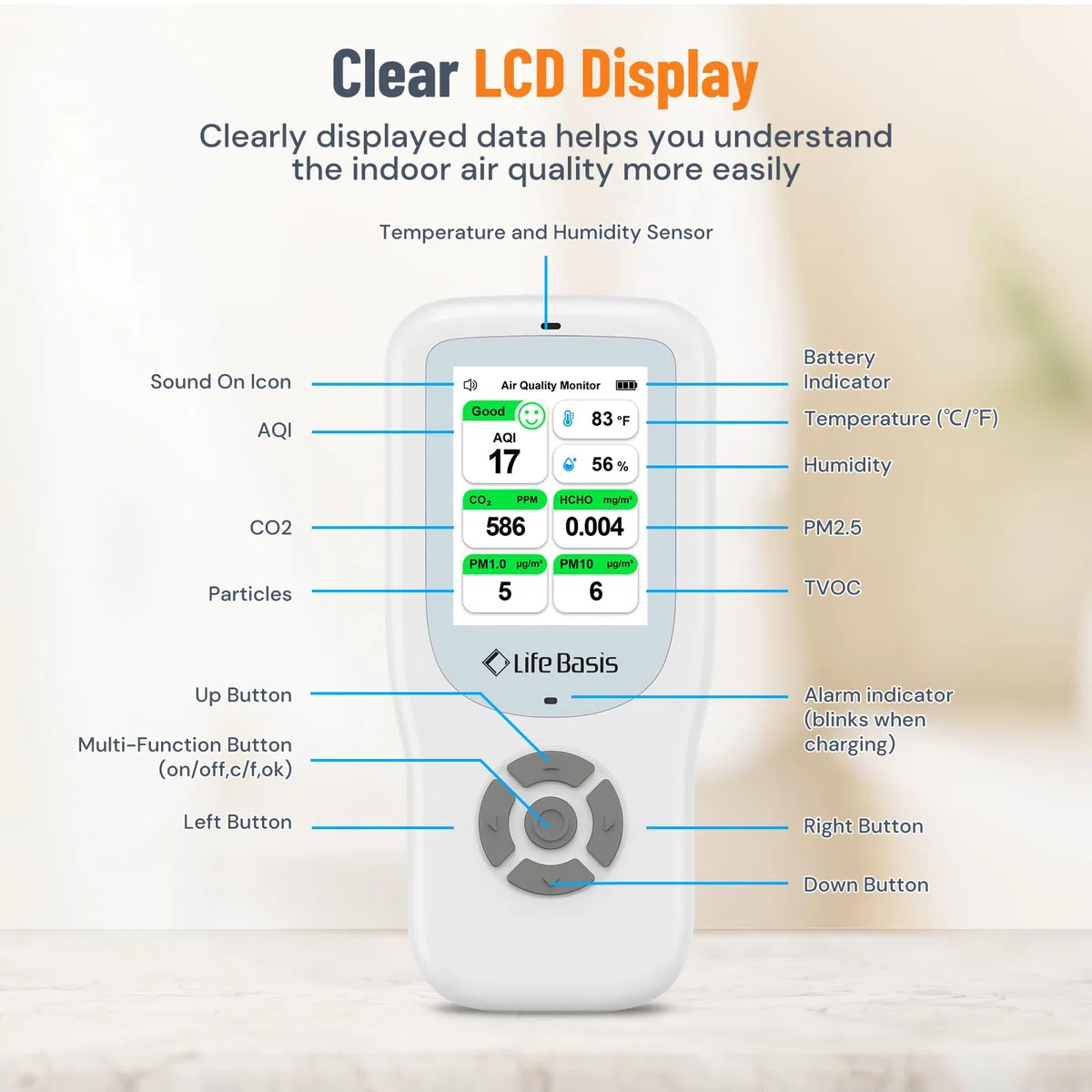 LifeBasis 10 in 1 Raumluftqualitätsdetektor Formaldehyd-Detektor AQI-Verschmutzungsmonitor PM2.5/PM10/HCHO/TVOC/CO2 Temperatur Luftfeuchtigkeit USB Aufladbar