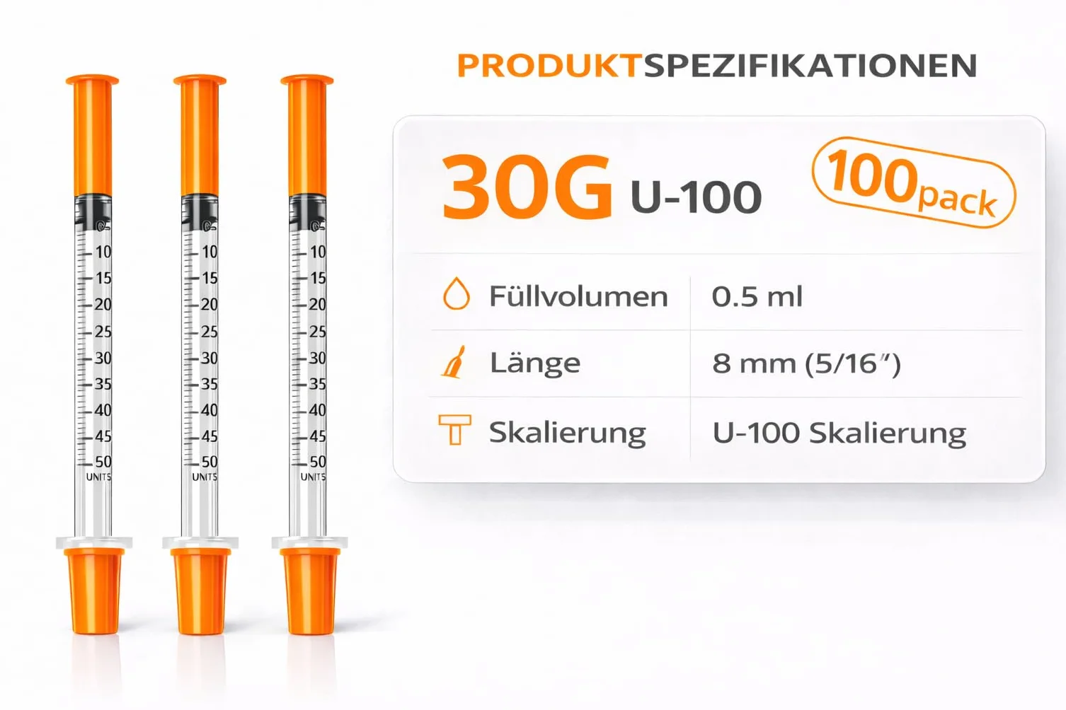 100 Stück 0,5 ml U100 Präzisions-Dosiertubes 30G x 5/16" (0,3 x 8 mm), einzeln verpackt für Labor und technische Anwendungen