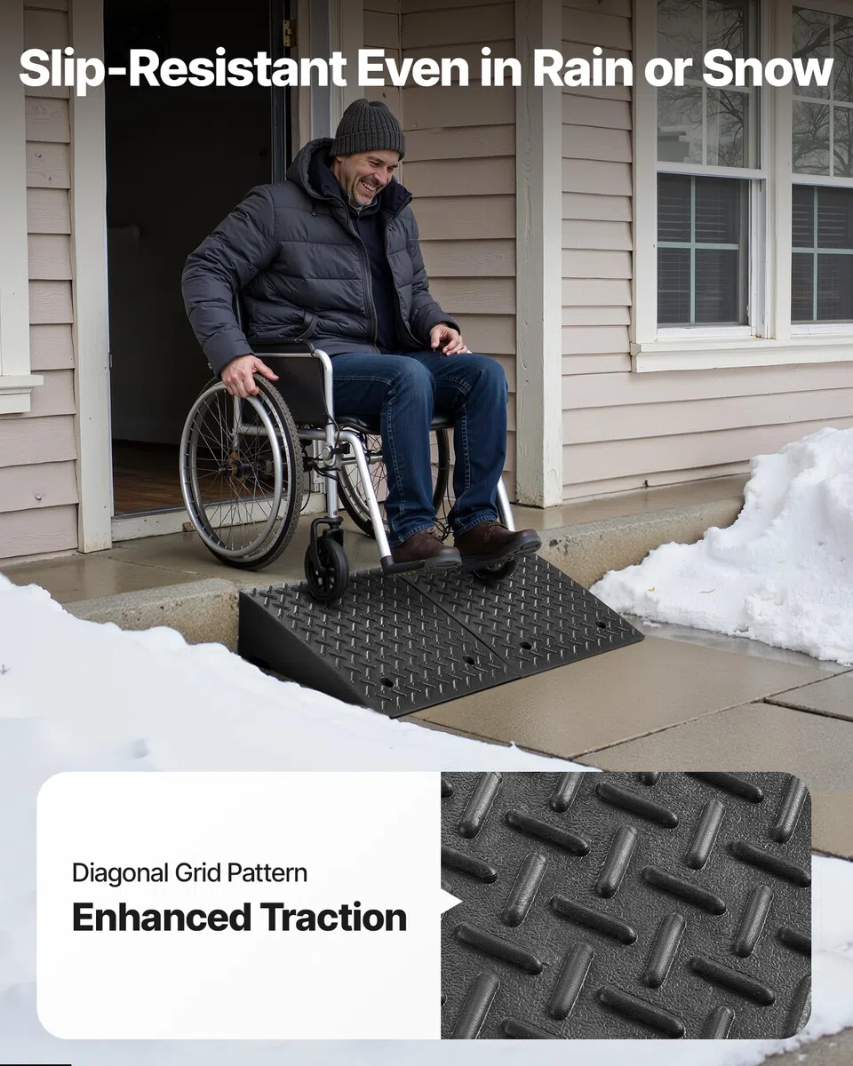 VEVOR Bordsteinrampe für Einfahrten, Schwellenrampe 3175 kg Tragkraft, 18 cm Höhe, Übergangsrampe mit Ablauftank für Rollstühle, Kinderwagen, Motorräder, Autos, Rasenmäher & Anhänger, 2er-Pack