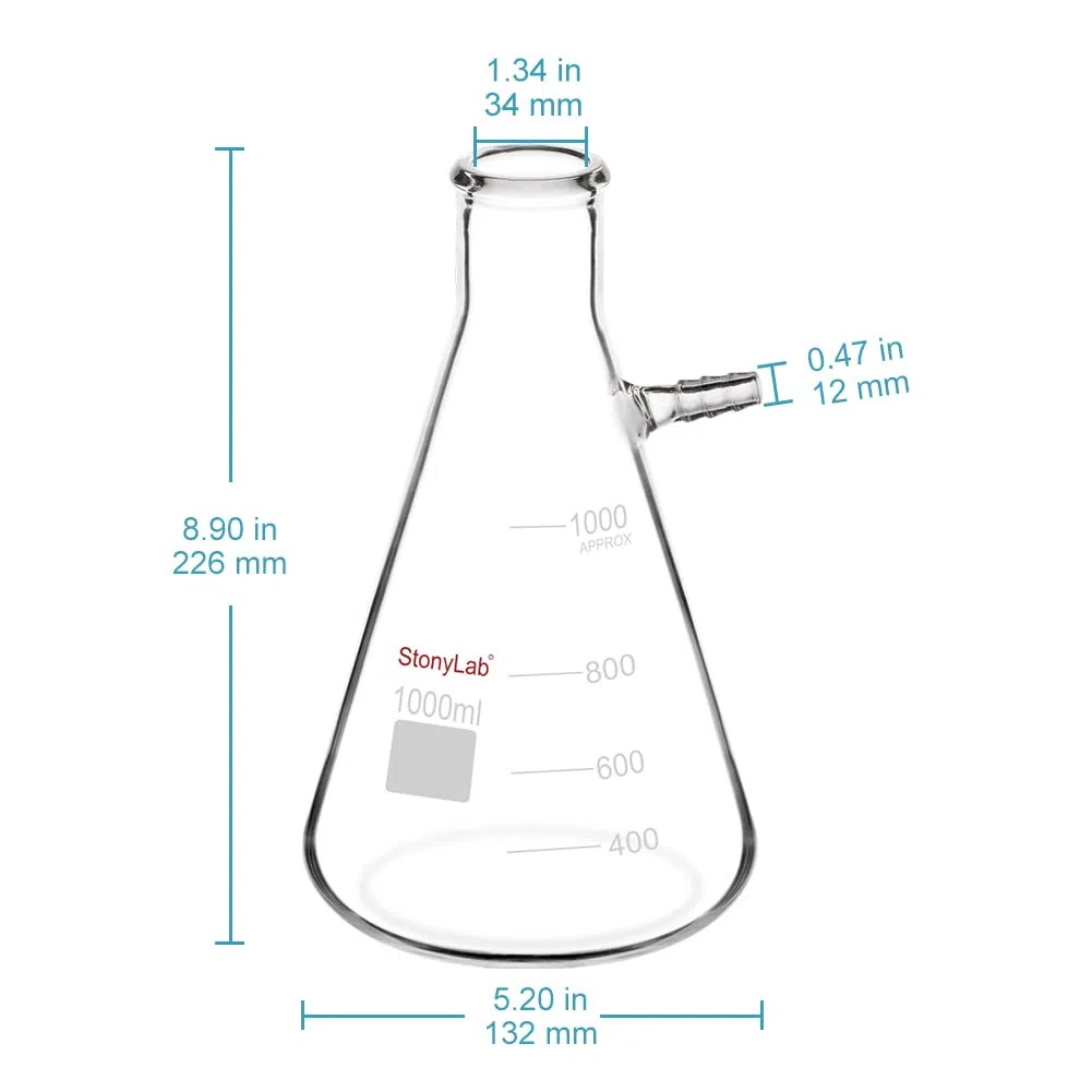StonyLab 2er-Pack 1000 ml Borosilikatglas-Filterkolben, Glass Filtering Flask, Bolzenhals mit Röhrchen (1000 ml)