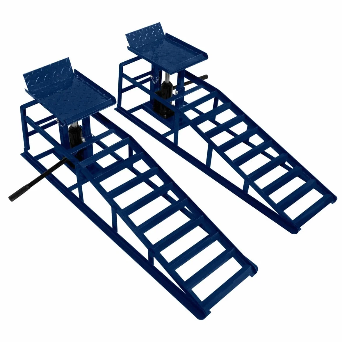 2x Auffahrrampen Set mit hydraulischem Wagenheber 3T 3000kg | Garage Werkstatt Auto PKW KFZ | 270-390mm höhenverstellbar | 34x26cm Plattform | 245mm Max Reifenbreite | Blauer Stahl + Sicherungsbolzen